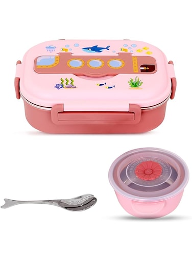 ONELINE Lunch Box for Kids School, Stainless Steel flatware set with soup bowl and spoon, Bento kids Lunch Box with sea world theme, leak-proof, durable snack container for adult children (PINK)