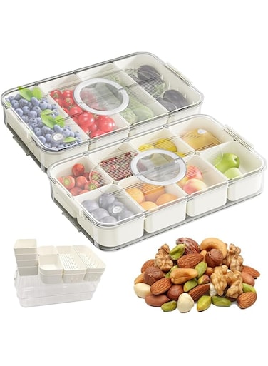 2pcs Divided Serving Tray with Lid, Food Storage Container Stackable Vegetable Fruit Organizer Bins for Refrigerator 8 Compartment Tray Snackle Box Charcuterie Container with 4 Drain Basket Time Scale