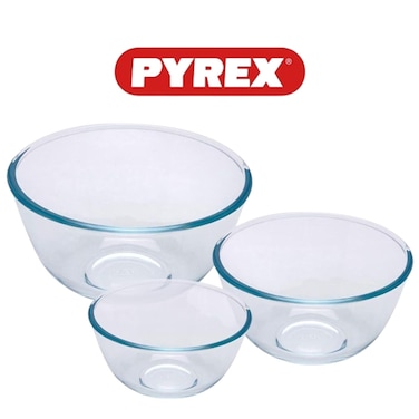 Pyrex Bowl Set of 3 (2L, 1L, 0.5L) - Clear Glass, Heat &amp; Scratch Resistant