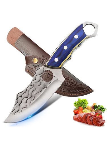 Blue Handle Hammered Pattern Ring Knife + Leather Sheath,Hammered Viking Knife, Hand-Forged Butcher Knife, High Carbon Steel Kitchen Chef Knives