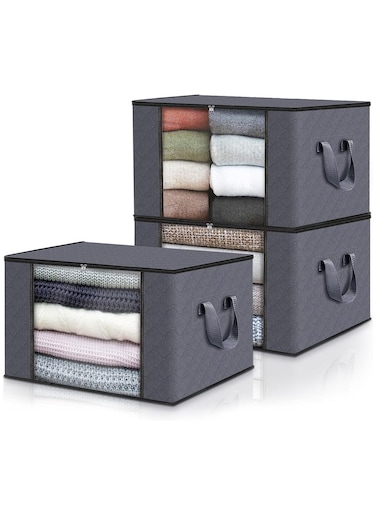 3 Pack Clothes Storage, Foldable Blanket Storage Bags, Storage Containers for Organizing Bedroom, Closet, Clothing, Comforter, Organization and Storage with Lids and Handle, Grey