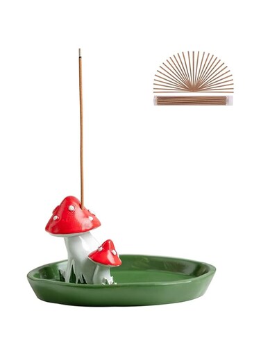 CHUNCHE Cute Mushroom Incense Holder with 30 Incense Sticks, Handmade Resin Burner, Nature Theme Incense Tray, Adorable Home Decoration Accessories(Green)