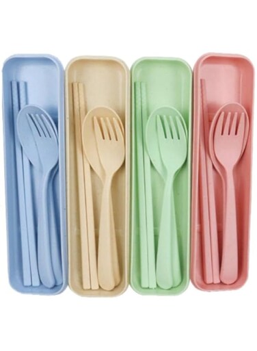 YHRY 4 Pcs Plastic Cutlery Set, Portable Utensils with Case, Eco Friendly Reusable Utensils Plastic Spoon Chopsticks Fork, Easy to Store, for School Office Travel Picnic Camping Outdoor Use