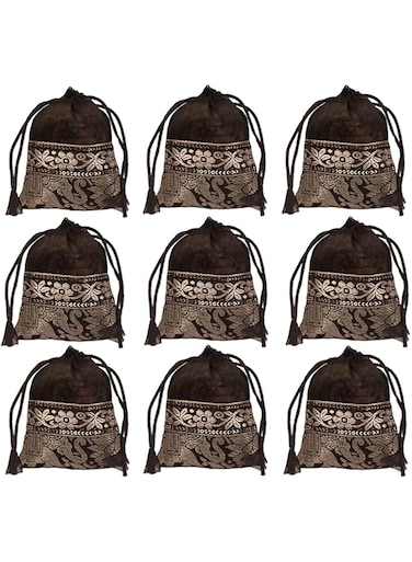 Touchstone Drawstring Bags Traditional Indian Handcrafted Fabric Perfect for Gifts Jewelry Weddings Pouches Purses Potli, Elephant (9 Pcs) Black, 4x3 inches