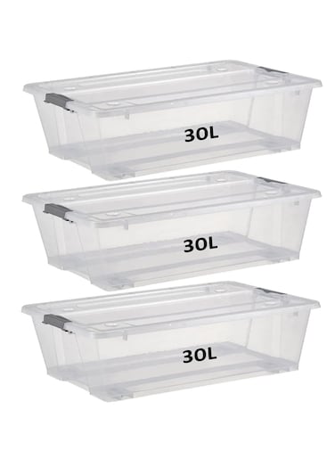 30L Storage Box With Lid &amp; Wheels Slim Under Bed Plastic Organizer 3pcs Stackable Transparent Boxes for Storing Clothes, Toys, Shoes, Tools, Medicine, Office Supplies