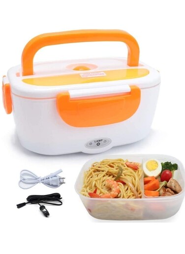 Electric Lunch Box &acirc;&euro;&ldquo; Portable Food Warmer with 12V/110V Adapter, Food-Grade Container, Includes Spoon and 2 Compartments, Ideal for Car, Truck, Home, and Work (Orange)