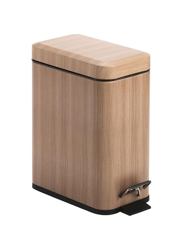 mDesign Small Modern 1.3 Gallon Rectangle Metal Lidded Step Trash Can, Compact Garbage Bin with Removable Liner Bucket and Handle for Bathroom, Kitchen, Craft Room, Office, Garage - Medium Oak