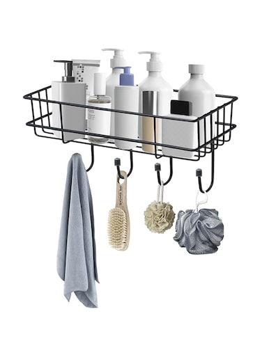 Plantex GI Steel Multipurpose Bathroom Shelf with Hooks/Towel Holder/Rack/Bathroom Accessories - Wall Mount (Black)