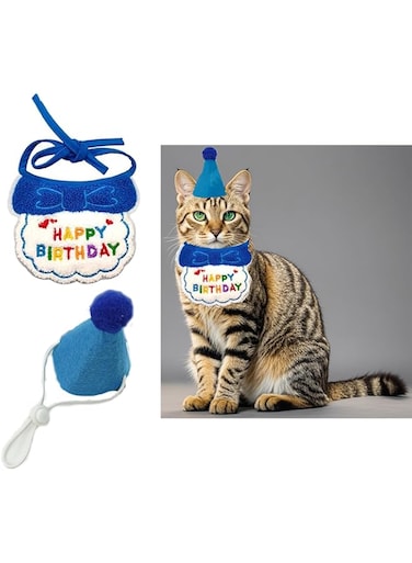 Cute Cat Birthday Scarf Hat Set Party Supplies 2 Pcs Pet Birthday Hat Scarf Set Party Supplies Puppy Cat Happy Birthday Decorations Embroidered for Cats Puppy Small Dogs and Rabbits (blue)