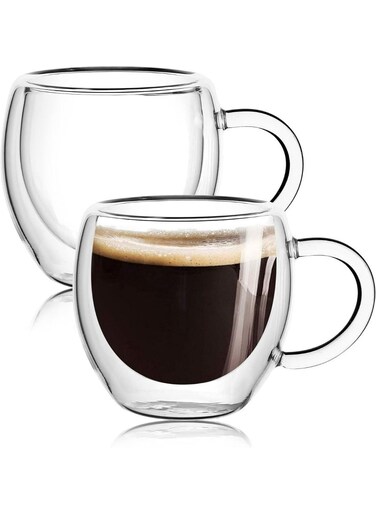 Double Walled Glass Coffee Mugs with Handle, Large Insulated Layer Coffee Cups, Clear Borosilicate Mugs, Perfect for Espresso, Cappuccino, Tea, Latte Clear 250ml