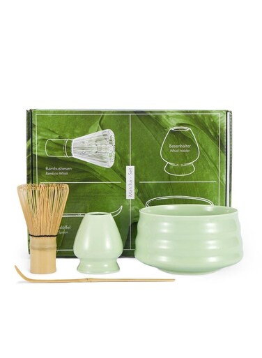 Matcha Tea Set, 4 Pieces Matcha Broom Set,Matcha Whisk (Chasen), Traditional Scoop (Chashaku), Matcha Bowl, The Perfect Bamboo Matcha Kit to Prepare a Traditional Cup of Matcha Tea Kit (Green)