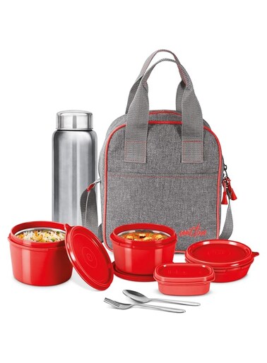 MILTON 8-Piece Lunch Box Set with Insulated Bag &amp; Cutlery - Includes 3 Microwave Safe Inner Steel Food Containers (180ml, 320ml, 450ml), 100ml Plastic Box, 750ml Bottle, Office Tiffin- Savor - Red