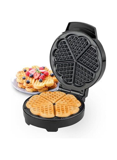 Geepas Waffle Maker &ndash; 5 Slice Heart Shaped Non-Stick Electric Belgian with Adjustable Temperature Control American Machine, Iron - 2 Years Warranty, 1000W, Silver &amp; Black