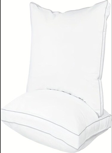 Set of 2 - White Bed Pillows With Grey Double Piping, Gusseted Pillow for Back, Stomach or Side Sleepers