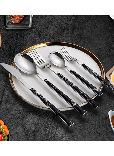 5-Piece Cutlery Set,Stainless Steel Silverware Set With Marble Textured Handle,Includes Knife Fork Spoon For Home Picnic