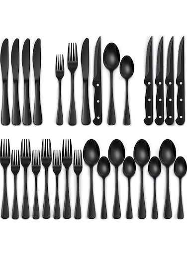 Black Silverware Set with Steak Knives, Black Flatware Set for 4, Food-Grade Stainless Steel Tableware Cutlery Set, Mirror Finished Utensil Sets for Home Restaurant