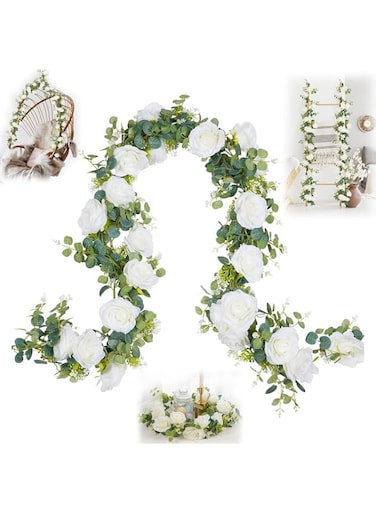 Azonee Artificial Eucalyptus Garland with Flowers, 5.9FT Fake Rose Gypsophila Garland, Faux Floral Garland Greenery Garland for Table, Wedding, Bedroom, Party, Wall Decor(White)
