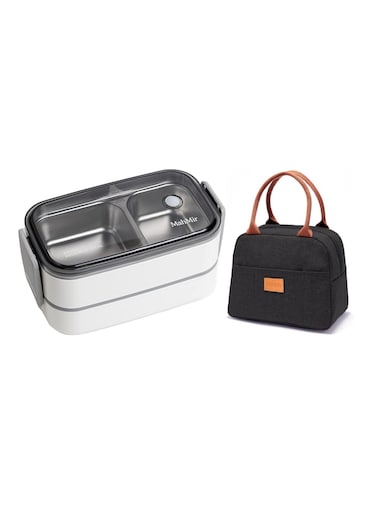 Stainless Steel Lunch Box - Insulated Bento Box Multifunctional-Containers Lunch Box with 2 Compartments &amp; Tableware(304 stainless steel) lunch box with Lunch MahMir Lunch bag (White + Lunch Bag)