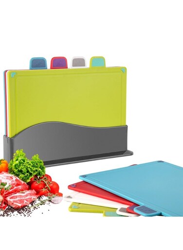 Plastic cutting board with storage shelf.Thicker Chopping Board Set with Color Coded Food Icon for Kitchen Different Food Types.Easy to Grasp, Anti-skid and Easy to Clean