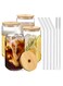 cups Glasses with Bamboo Lids and Glass Straw 4pcs Set