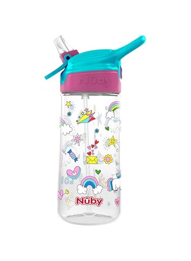 Nuby Push Button Flip-it Soft Spout Tritan Water Bottle, Pink Unicorns, 18 Oz
