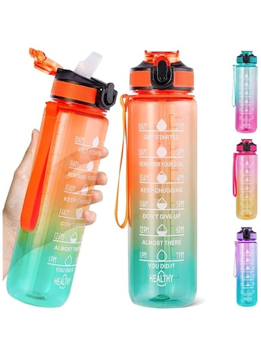 Sports Water Bottle with Timed Drink Reminders, Pink, Orange Strap for Carrying, 32 oz Capacity, (pink yellow)