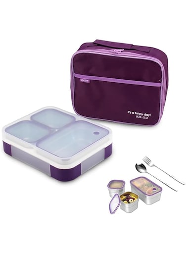 TOMVAES Stainless Steel Lunch Box for Adults Kids with Tableware &amp; Bag, 720ML 3 Compartment Divided Lunch Containers for Work or School, Leakproof   BFA Free   Dishwasher Safe (Purple)