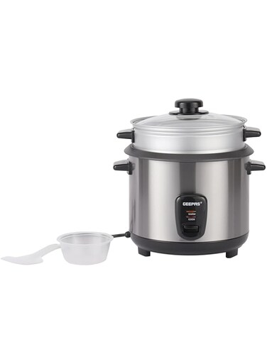 Geepas 1.8 L Multifunctional Rice Cooker- GRC35041  Durable Construction with Removable and Non-Stick Inner Pot with Cool Touch Handle Aluminum Outer Steamer and Measuring Cup