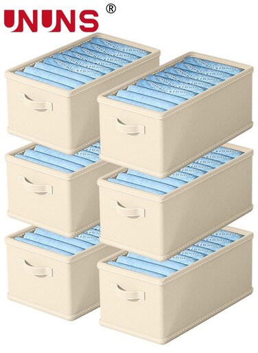 6 Pack Wardrobe Clothes Organizer,Large Size 6 Grids Closet Jean Storage Bins with Handles and Support Boards,Foldable Drawer Dividers for Sweater,Pants,T-shirt,Hoodie,Dress,Beige