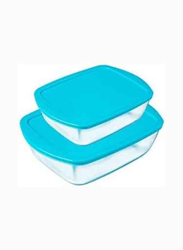 Pyrex Cook&amp;Store Set Of 2 Rectangle with Blue Lid 1.1L+2.5L Transparent 28 x 20 x 9 cm 2.5L / 23 x 15 x 6 cm 1.1Lcm