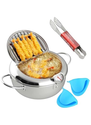 DORAIMI123 Deep Fryer Pot, 9.5 Inch/3.4 L Janpanese Style Tempura Frying Pot with Lid, 304 Stainless Steel with Temperature Control and Oil Drip Drainer Rack, for Kitchen French Fries, Chicken etc