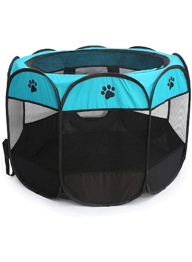 Longkins Pet Dog and Cat House, Octagonal Portable Kennel Puppy Bed House Foldable Pet Tent Fence, Indoor and Outdoor Use, Black &amp; Blue,Small