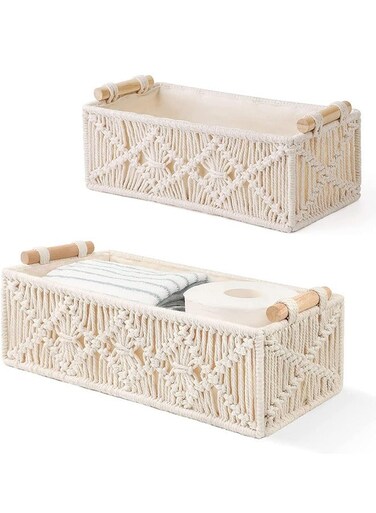 Macrame Storage Baskets, Boho Decor Box, Handmade Woven, Set of 2