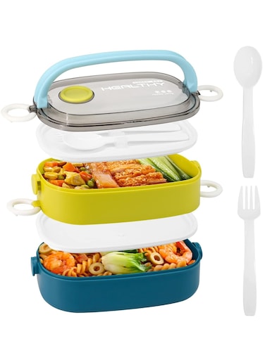 Lunch Box, 2 Compartment Food Container, Multifunctional Lunchbox for School &amp; Office, Lunch Box For Kids &amp; Adults, Multifunctional Food Containers, Dishwasher and Microwave Safe (Blue/Multi)