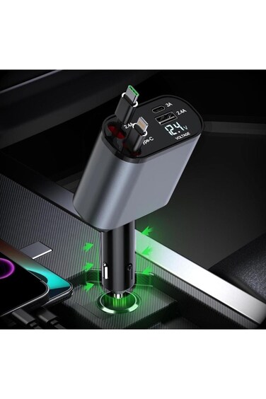 Retractable 4-in-1 Car Charger 60W Fast Adapter with Type-C Cable, Dual USB, Voltage Display