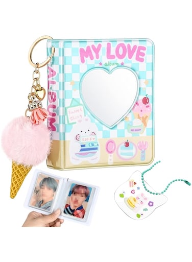 Excefore 3 Inch Mini Photo Album Set Kpop Photocard Holder Book Photocard Binder Kpop Album With Pendant And Diy Keychian For Collecting Picture, 40 Pockets(Heart, Ice Cream)