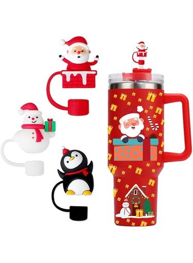 HIUSITY Christmas Straw Cover Cap for Stanley Cup,Cute Straw Topper Compatible with 30&amp;40 Oz Tumbler with Handle,10mm/0.4in Silicone Dust-Proof Reusable Straws Covers Toppers,Stanley Cup Accessories