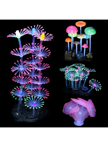 Lpraer Mangsen 4 Pack Glow Aquarium Decorations Coral Reef Glowing Mushroom Anemone Simulation Coral Plant Glowing Effect Silicone for Fish Tank Decorations