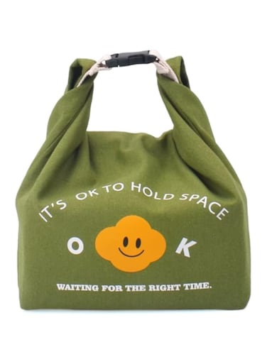 Reusable Lunch Bag Insulated Handbag Smile Tote bag with Handle for Women Work Picnic or Travel (Olive Green)