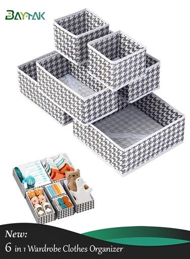 Wardrobe Organiser Drawer Organizers 6 Pack, Foldable Underwear Socks Storage Boxes Set, Closet Clothes Dividers (2 Large 2 Medium 2 Small)