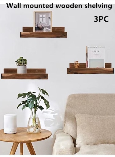 3-Piece Wall-Mounted Wooden Shelving/Wooden Storage Rack Brown 32 x 10 x 7 Centimeter