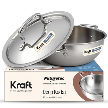 Futuretec Triply Stainless Steel Kadai with Lid &acirc;&euro;&ldquo; 3.3 Litre (24 cm), 2.5 mm Thick Extra Deep Kadai   for Large Families &amp; Festive Cooking   Even Heat Distribution