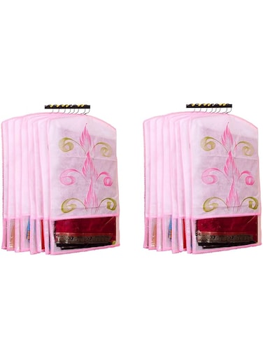 Atorakushon&reg; Fabric Printed Hanging Saree Cover Wardrobe Organiser Pack of 12