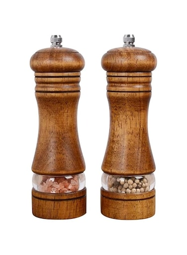 DELFINO Pepper Grinder, Wood Salt and Pepper Grinder Mills Sets, Classic Manual Salt Grinder Refillable Pepper Mill Sets with Acrylic Visible Window Adjustable Ceramic Grinding Rotor 6.5inch 2 Pack