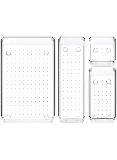 NALACAL Clear Plastic Drawer Organizers Set, 4 Pcs Desk Drawer Organizer Trays for Home,Bedroom,Kitchen,Bathroom,Office,Makeup Drawer Organizer-Clear
