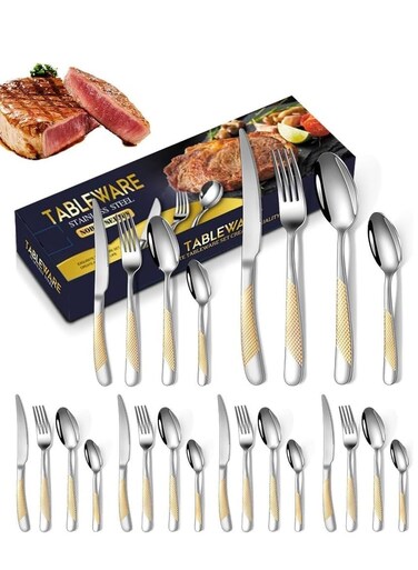 24Pcs Cutlery Set, Tableware Flatware Kit Stainless Steel Kitchen Utensils Set for 6 Persons, Mirror Polished Silverware Knife Fork and Spoon Dishwasher Safe, Basic Kitchen Essential Catering