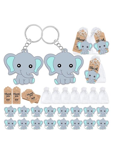 Baby Shower Guest Gift, 20 Sets of Blue Baby Elephant Keychains 20 Organza Bags 20 Thank You Tags, Ideas Presents Party Favors Boy Girl Kid Birthday Party Supply, Baby Birthday Party Keepsakes