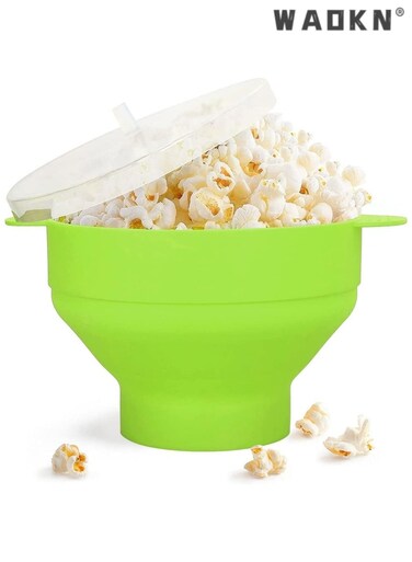 Popcorn Maker, Microwave Silicone Popcorn Popper with Lid and Handles Hot Air Big Size Collapsible Bowl BPA Free Dishwasher Safe Green High Temperature Resistance for Home, Party, See Movie
