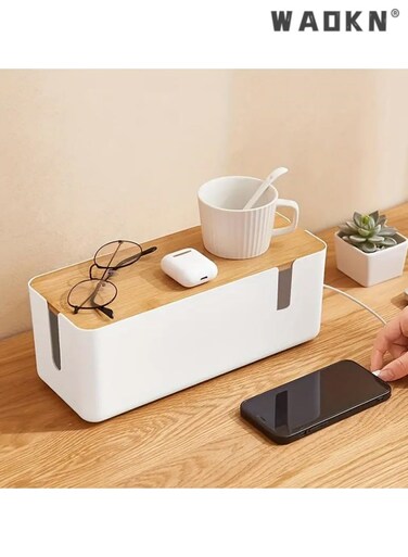 Cable Management Box - Cable Organizer Box   Cord Management Box with Bamboo Lid To Cover &amp; Hide Power Strips &amp; Cords   Cable Box Organizer for TV, Computer, Router Hub, Under Desk &amp; Office