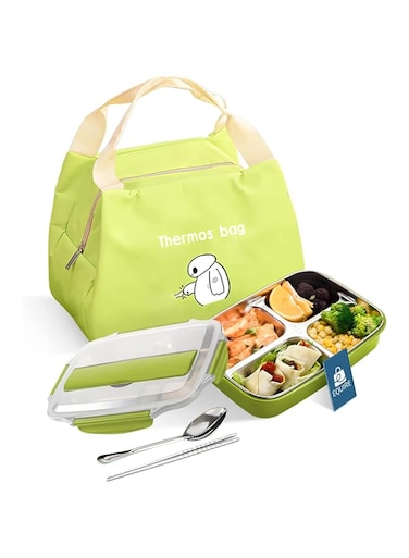 EQUIRE 1000ml Stainless Steel Bento Box for Kids &amp; Adults, 4 Compartment Lunch Box, Skid-proof Silicone for, Bonus Spoon, Chopsticks &amp; Thermal Bag, Dishwasher &amp; Microwave Safe (Green)